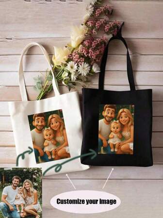 1pc Customized Canvas Bag, Unique Design (Photo, Landscape, Illustration), Foldable, Large Capacity, Lightweight, Stylish, Personalized Tote Bag, Shoulder Bag, Casual Shopping Bag Letter Portable, Multifunction, Versatile, Large Capacity, Functional Women, Rookies & White-Collar Workers For Anniversaries, For Birthdays, For Christmas, For Winter, For Holiday/ Vacation, For School, For Business/Commute/Work/Office