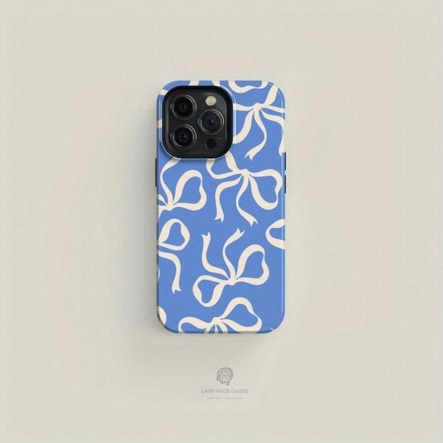 Blue And Cream Bow Solid Phone Case Soft And Hard Two-In-One Film Printing All-Inclusive Pattern Phone Case For IPhone 16 Pro Max, 15/14 Plus, 13/12/11 Pro - 混合顏色 1 - 查看 1