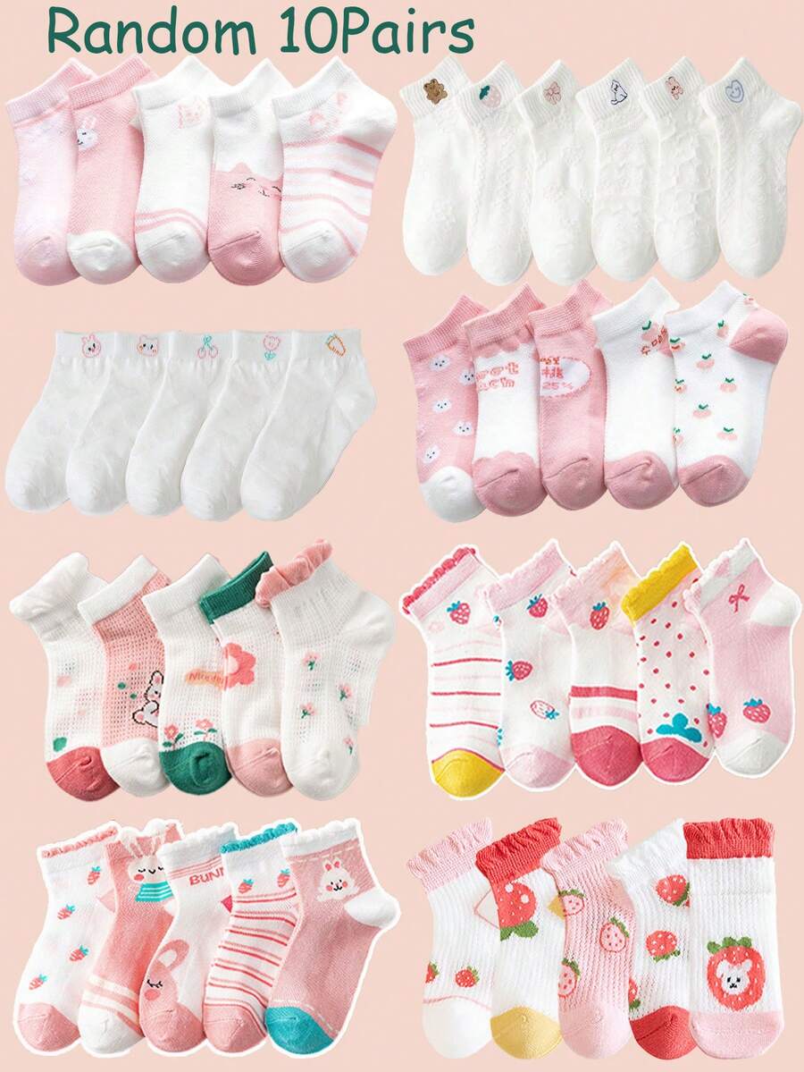 Random 10 Pairs Of Kids Socks For Spring And Summer Thin Girls' Socks Cute Cartoon Bunny Sweet Pink Strawberry. White Cartoon Embroidery Pattern Daily Wear - Multicolor - View 1