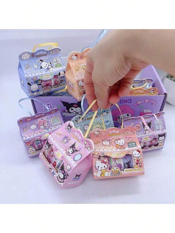 Sanrio Cartoon Handbag Stickers, Small Gift Boxes, Children's Girl Reward Gifts, Highly Attractive Holiday Gift Paper Tote Bag Stickers, Drawing Paper Tape, Student Creative DIY Tape, Children's Surprise Tote Bag Stickers, Stationery Gifts (Styles And Colors Are Random) Back To School