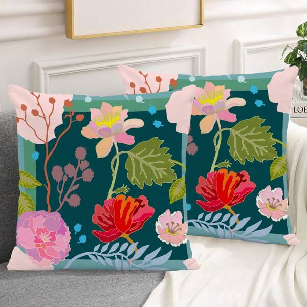 2pcs Fashionable Vibrant Floral Print Pattern Pillowcases, Modern Polyester Square Pillow Covers For Living Room, No Pillow Insert Included
