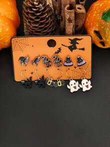 10 Peças/12 Peças Conjunto de Brincos para Halloween, Brincos de Botão com Elementos de Abóbora, Fantasma e Morcego Decorados com Strass
