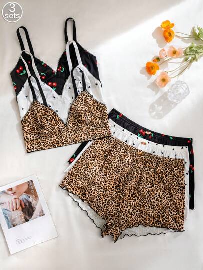 3 Sets Women Plus Size Comfortable Solid, Leopard Print, Heart & Cherry Decor Lingerie Set