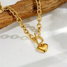 1pc Fashionable Gold Stainless Steel OT Clasp Heart Pendant Necklace, Summer