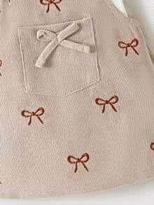 2pcs Baby Girl Comfortable Long Sleeve Bodysuit & Embroidered Pinafore Dress With Headband Set, Lightweight Spring/Autumn - Beige - View 6