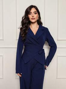 Conjunto 8019 blusa manga longa fita de amarrar/ calca pantolona com bolso alfaiataria twill - Azul marinho - Visão 6