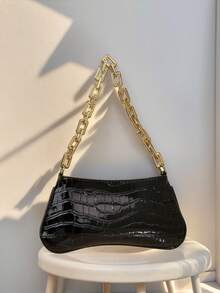 DareSee Neon Yellow Bright Color Snake Skin Acrylic Gold Chain Decor Underarm Baguette Bag MusicFest Y2KFest Back To School Autumn Winter Gifts Music Fest Back To School - Black - View 6