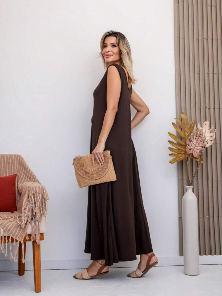 Women's Long Dress With Side Slit Plus Size - 鏽棕色 - 查看 1