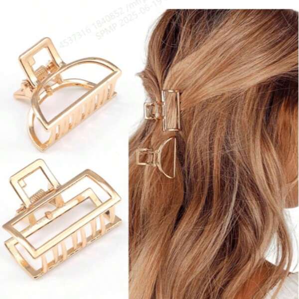 2pcs Women Small Gold-Color Rectangular Semi-Circular Metal Hollow Alloy Hair Claw Clips