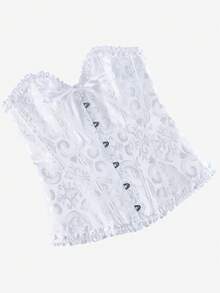 Corset Overbust Bustier, Classic Corset Shapewear Strapless Sweet Fitted Boned Bodysuit, Ruffle Trim Waist Cincher Backless Corset Top, Suitable For Masquerade, White Evening Gown, Wedding Dress - 白色 - 查看 4