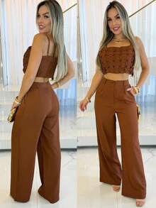 Women's Tailored Wide Leg Trousers With Button And Zipper - Rust Brown - View 2