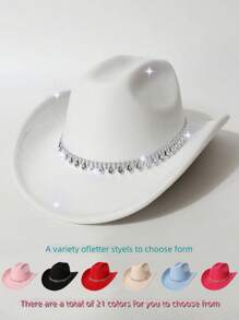 1 Peça Chapéu de Feltro Unissex, Chapéu de Feltro de Lã de Cor Sólida e Plano na Parte Superior com Decoração de Cinto em Formato de Diamante, Chapéu de Cowboy Ocidental Estiloso, Adequado para Noiva, Apresentação, Festa, Uso Externo, Todas as Estações