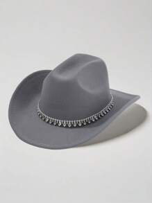 1 Peça Chapéu de Feltro Unissex, Chapéu de Feltro de Lã de Cor Sólida e Plano na Parte Superior com Decoração de Cinto em Formato de Diamante, Chapéu de Cowboy Ocidental Estiloso, Adequado para Noiva, Apresentação, Festa, Uso Externo, Todas as Estações