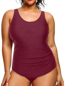 Holipick Plus Size Sarong Swimsuit Women Tummy Control Bathing Suit Ruched Backless Swimwear - 酒紅色 - 查看 5