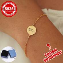 S925 Sterling Silver Custom Birth Flower Disc Bracelet - Personalized Gift For Girlfriend, Sister, Bestie, Mom & Self - Ideal For Birthday, Anniversary, Graduation, Daily Dainty Style & Cherished Memories