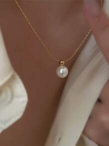 1 pieza Collar de perlas de moda coreano elegante de acero inoxidable, versátil para uso diario, regalo para mujeres