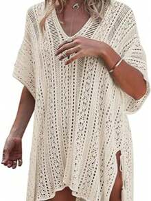 大码女式波西米亚风V领半透明短袖针织罩衫，度假必备 - 杏色 - 查看 4