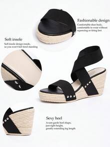 Wedge Heel Platform Waterproof Rope Decor Back Strap Round Toe Sandals, Women's Flatform Roman High Heels, Spring & Vacation Outfit, Boho Style Sexy Short Boots - Black - View 11