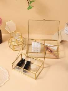 Luxury Hexagonal Ring Box, Golden Jewelry Storage Box, Gold Glass Jewelry Display Case