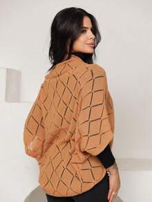 Cocoon Cape Kimono Cardigan Coat Knit Poncho Zig - 駝色 - 查看 3