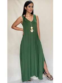 Women's Long Dress With Side Slit Plus Size - Army Green - View 1