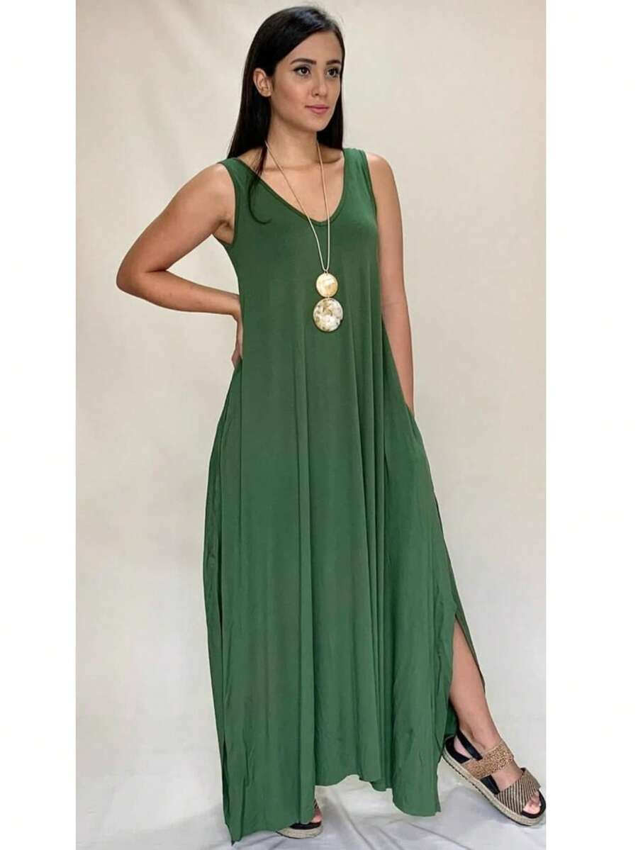 Women's Long Dress With Side Slit Plus Size - Army Green - View 1
