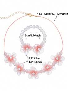 2 件花形纱线首饰套装，手工串珠珍珠手链和项链，可爱公主风格儿童配饰 - 均碼 - 查看 3