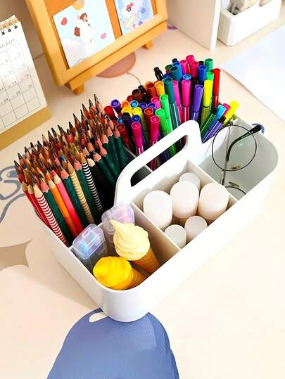 1个带提手的塑料收纳篮，便携式遥控器、化妆品、铅笔盒和文具收纳盒，旋转收纳篮，5格/4格工具收纳盒，返校必备，适用于家庭、办公室和学校用品