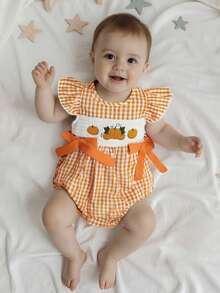 Baby Girl Halloween Romper Pumpkin Embroidered Plaid Bows Crew Neck Flying Sleeve Jumpsuit For Fall