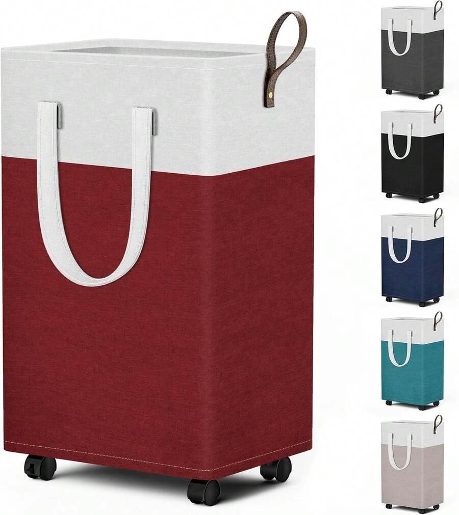 75L Rolling Laundry Basket With Wheels, Collapsible & Waterproof Laundry Hamper, Mobile Clothes Hamper, Storage Laundry Bins With Handles For Laundry Room, Bedroom, Bathroom & Dorm, Red - 紅色 - 查看 1