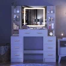 Large Dressing Table With LED Lights Mirror Drawers Shelf Vanity Makeup Desk Set - White - View 7