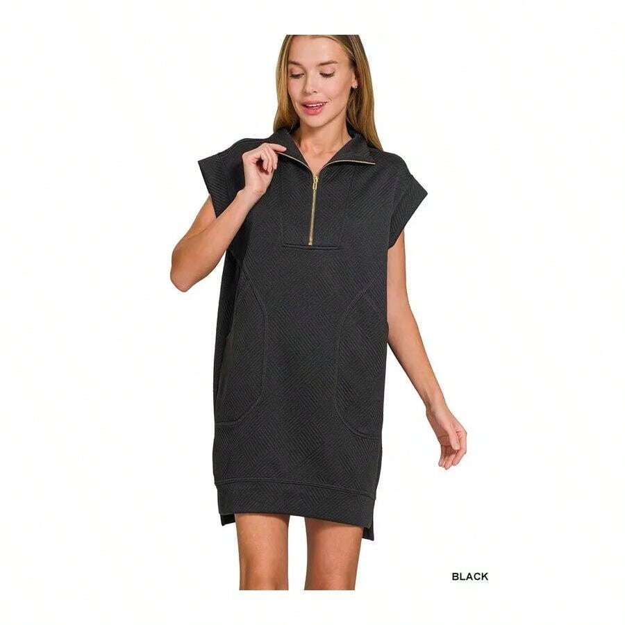 Zenana Textured Knit Jacquard Quarter Zipper Mini Dress - Black - View 1