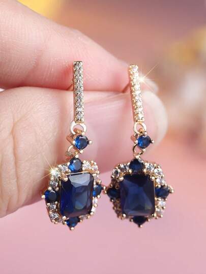 1 Par de Brincos Femininos Elegantes Revestidos em Ouro Rosa com Zircônia Cúbica Sintética Azul, Luxo para Casamento, Festa, Feriado, Uso Diário, Todas as Estações