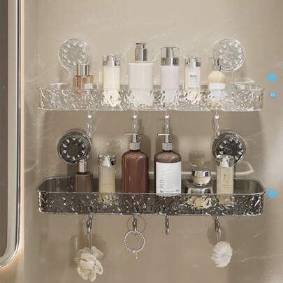1个长方形收纳架 - 浴室整理架，大容量，壁挂式吸盘安装，透明浴室置物架，带挂钩和排水孔，秋季必备浴室装饰，适用于浴室、厨房、书房、梳妆台、卧室、宿舍、返校季浴室配件