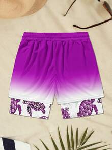 Plus Size Men's Turtle Pattern Printed Double-Layer Beach Shorts - Purple - View 3