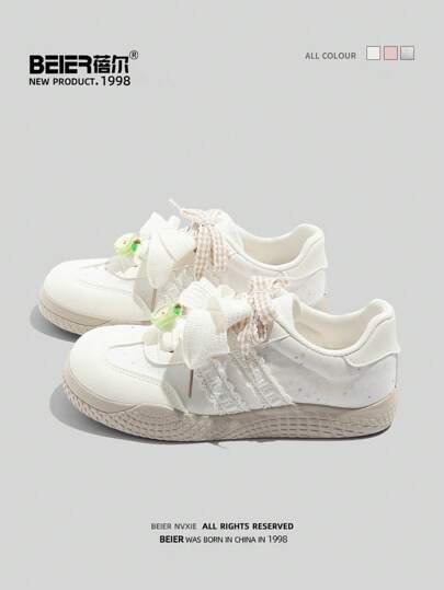 BEIER 1 paire de Baskets décontractées à lacets en similicuir style préppy avec imprimé floral ditsy, convient pour le port en extérieur et à l'école, printemps/automne