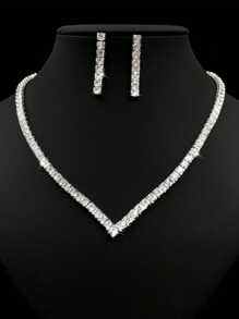 1pc Square Zirconia Pendant Necklace & 1 Pair Rectangular Zirconia Earrings, Two Pieces Set, Fashion Formal Dress Accessories