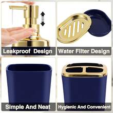 Navy Blue Bathroom Accessories Set 8 Piece Navy Blue And Gold Bathroom Set, Bathroom Sets With Stainless Steel Trash Can,Toilet Brush,Toothbrush Set,Soap Dispenser - 墨綠色 - 查看 2