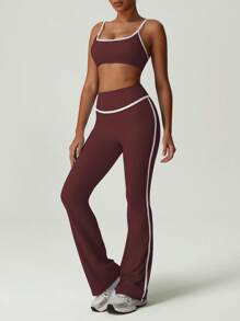 GOSOUER 2 pièces Set de sport pour femme, soutien-gorge de sport à couleur contrastée à la mode et pantalon évasé de danse de gym à taille haute sans couture avant
