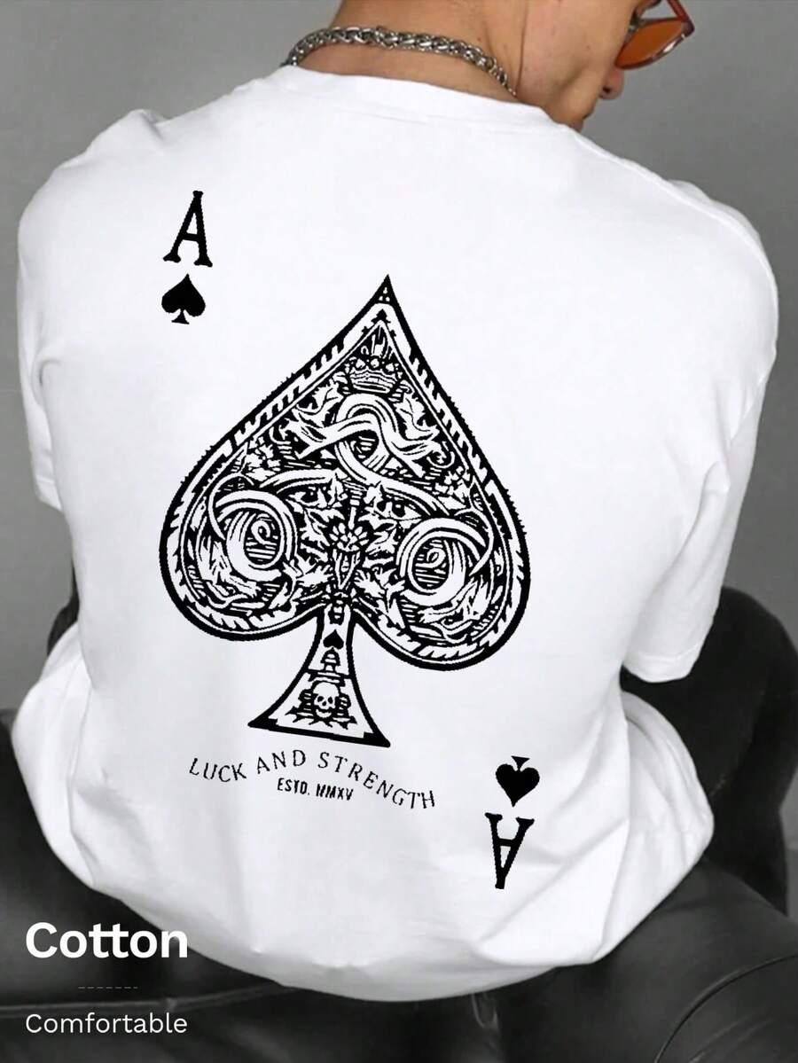 Ribbed cotton men's T-shirt, Ace of Spades print, college style spring and summer new sports men's clothing, fashionable soft and breathable men's white short-sleeved tops - 白色 - 查看 1