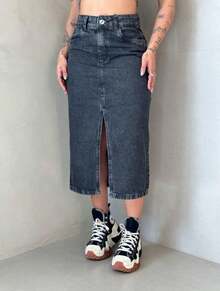 saia midi Jeans Marmorizada Cintura Alta