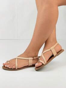 Soft Bottom Thong Sandals With Rhinestone Bowknot,Fashionable Versatile Flat Shoes - Beige - View 3