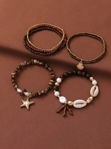 Conjunto de 2 piezas de pulsera con elementos del océano, incluyendo coral, estrella de mar, concha y talla grande elementos, joyería de moda para vacaciones de verano, viajes y festividades