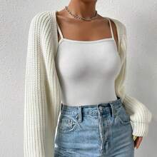 Women Open Front Ribbed Knit Crop Bolero Drop Shoulder Long Sleeve Solid Loose Fit Knitted Crop Cardigan Shrug