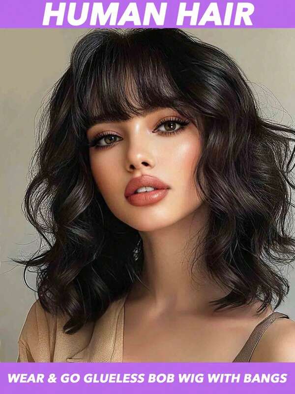 Peluca de cabello humano ondulado con densidad del 180% al 250%, estilo bob corto con flequillo, sin pegamento, para mujer, cabello virgen brasileño, hecha a máquina, con redecilla rosa, versátil para todas las etnias, estilo de flequillo diario, de 8 a 16 pulgadas, color natural.