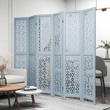 Homasis 6-Panel Wooden Room Divider W/ Carved Cutout Pattern & Solid Wood Frame - Blue - View 2