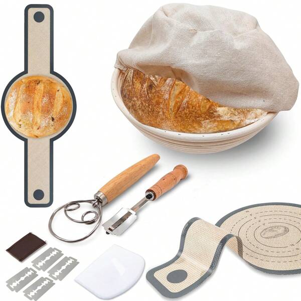 Banneton Bread Proofing Basket Sourdough Bread Baking Supplies, Sourdough Starter Kit With 9" Round Banneton Baskets, Bread Lame, Sling, Dough Whisk