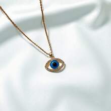 1pc Turquoise Blue Evil Eye & Angel Tear Cubic Zirconia Pendant Necklace, Suitable For Women To Wear Everyday - Blue - View 4