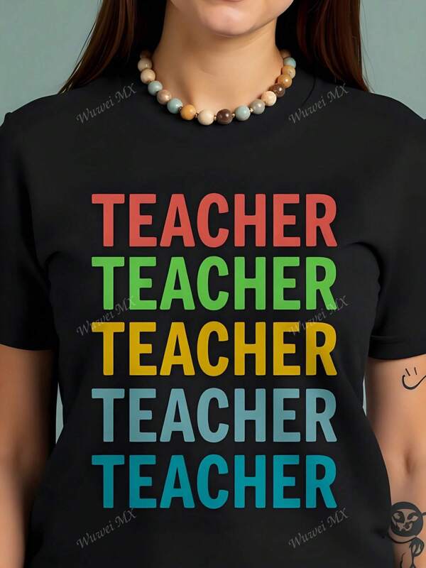 Camiseta de algodón negra con estampado gráfico para mujer, 180 g, cuello redondo, manga corta, ideal como regalo de agradecimiento a la maestra, ideal para festivales de otoño, tallas grandes.