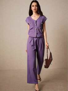 conjunto dos piezas PANTALON  Liso    Casual    Botón delantero  Bolsillo  Botón    Oficina - Lila Púrpura - Ver 1